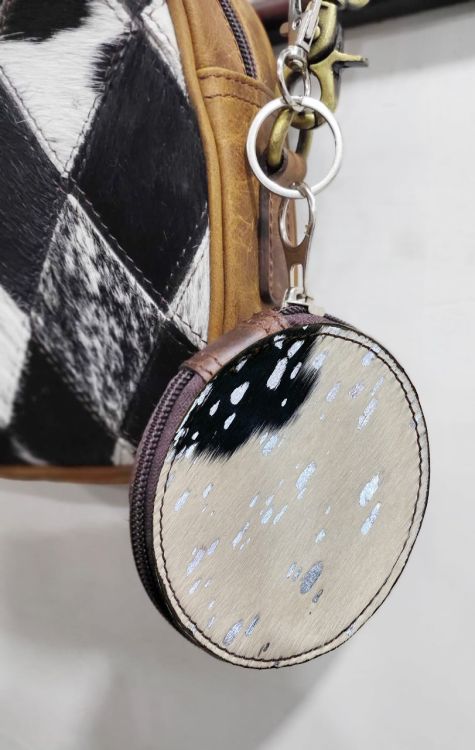 Hair on Cowhide Round Clip Keychain Wallet Pouch - silver