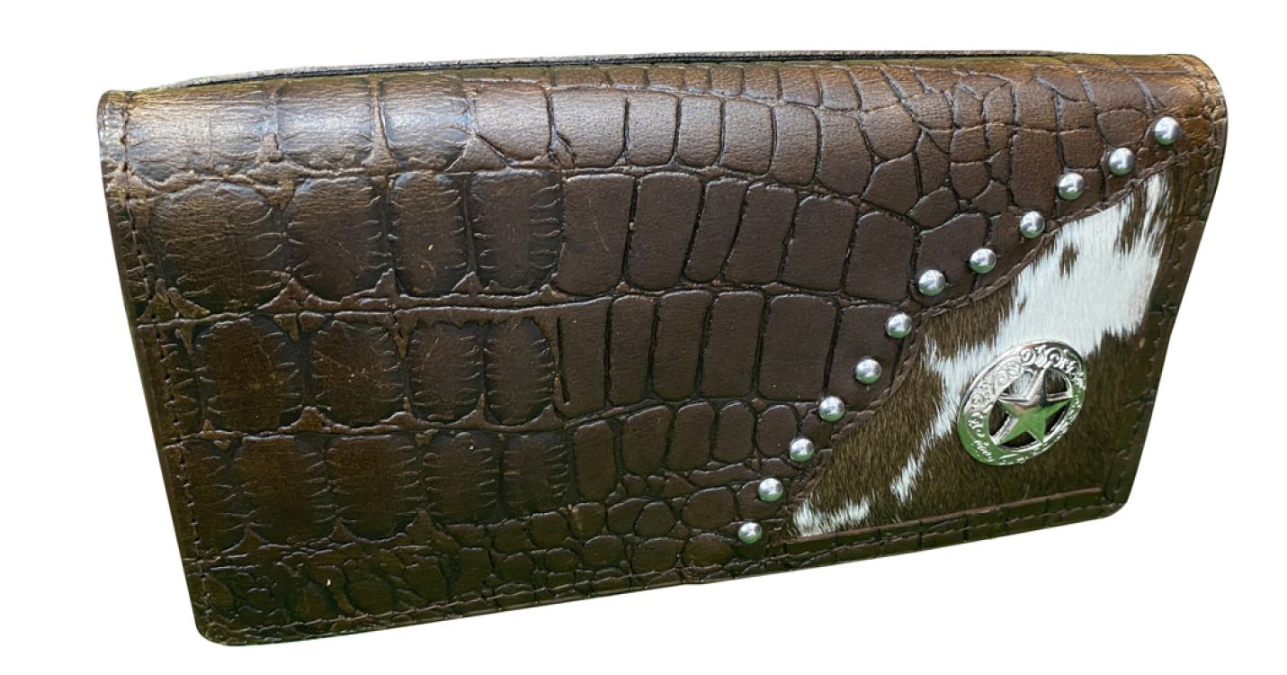 Brown Faux Alligator Hair on Cowhide Bi-fold Wallet