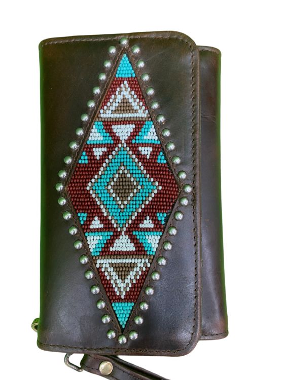 Klassy Cowgirl Leather Clutch Phone Wallet - Aztec Beaded