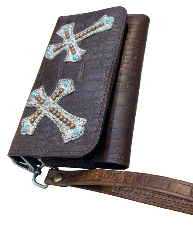 Klassy Cowgirl Leather Clutch Phone Wallet - Alligator with Cowhide Crosses