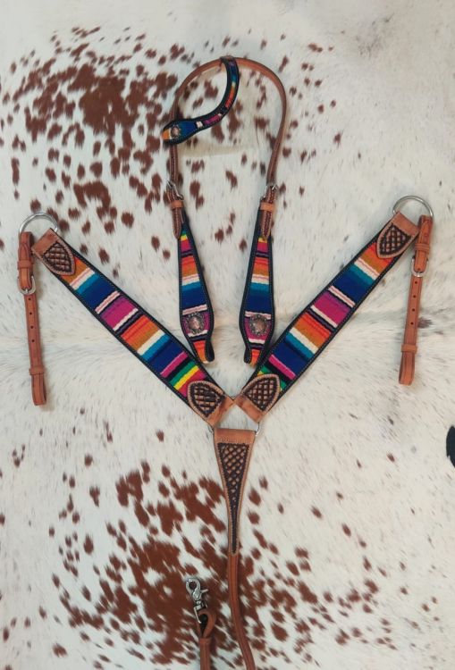 Showman One Ear Headstall & Breast collar set with wool southwest blanket inlay