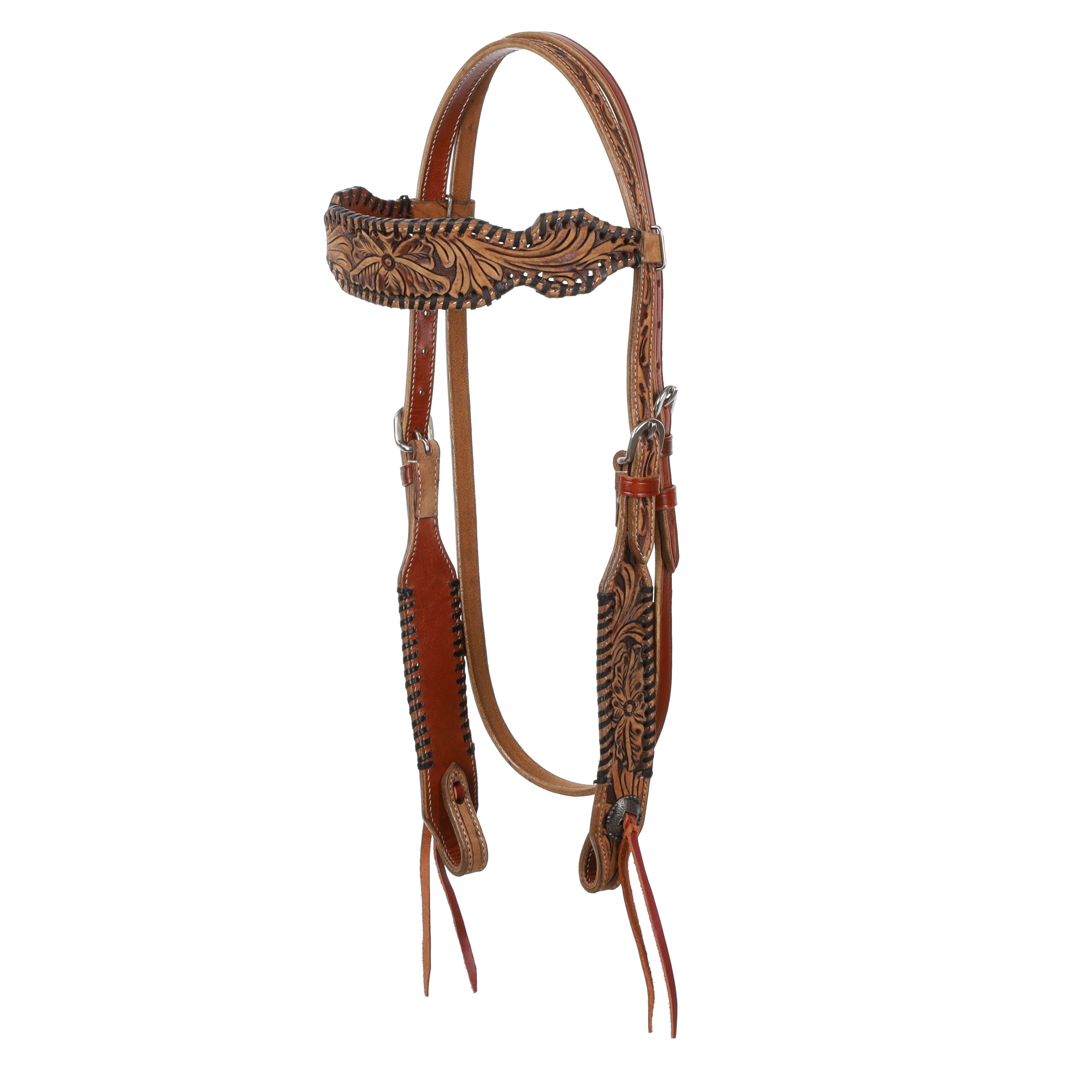Showman Medium oil leather Browband headstall and breast collar set with tooled flowers and black whip stitching