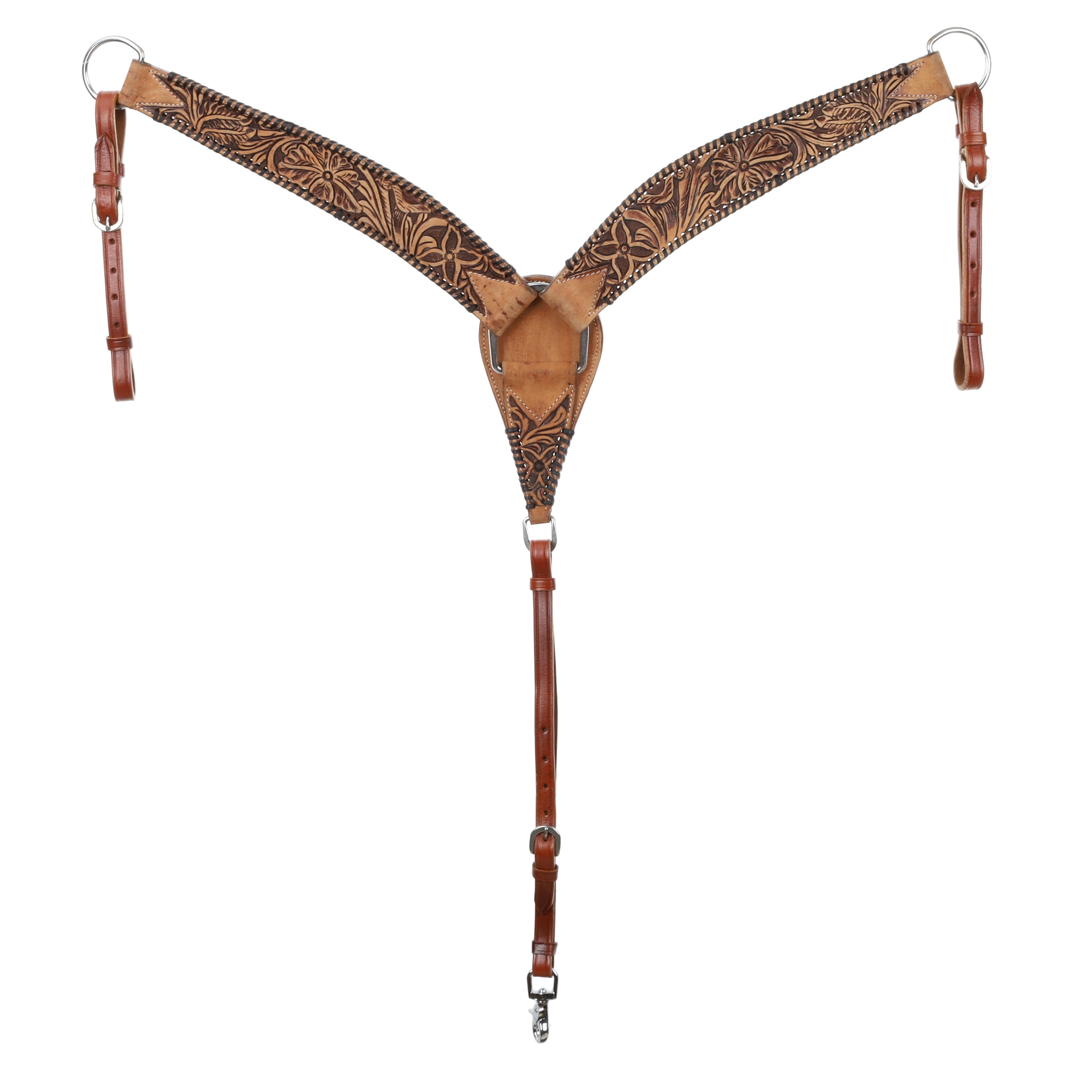 Showman Medium oil leather Browband headstall and breast collar set with tooled flowers and black whip stitching