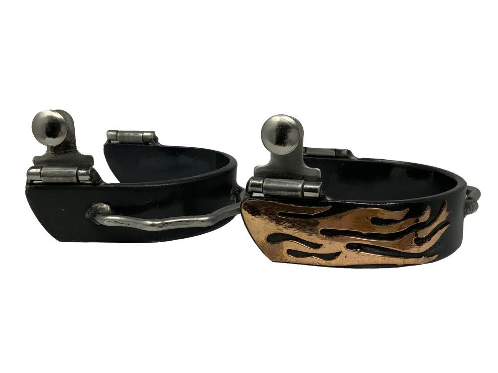 Showman Black Steel Bumper Spurs with Copper Flame Overlay