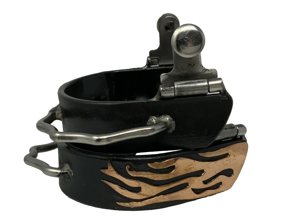 Showman Black Steel Bumper Spurs with Copper Flame Overlay