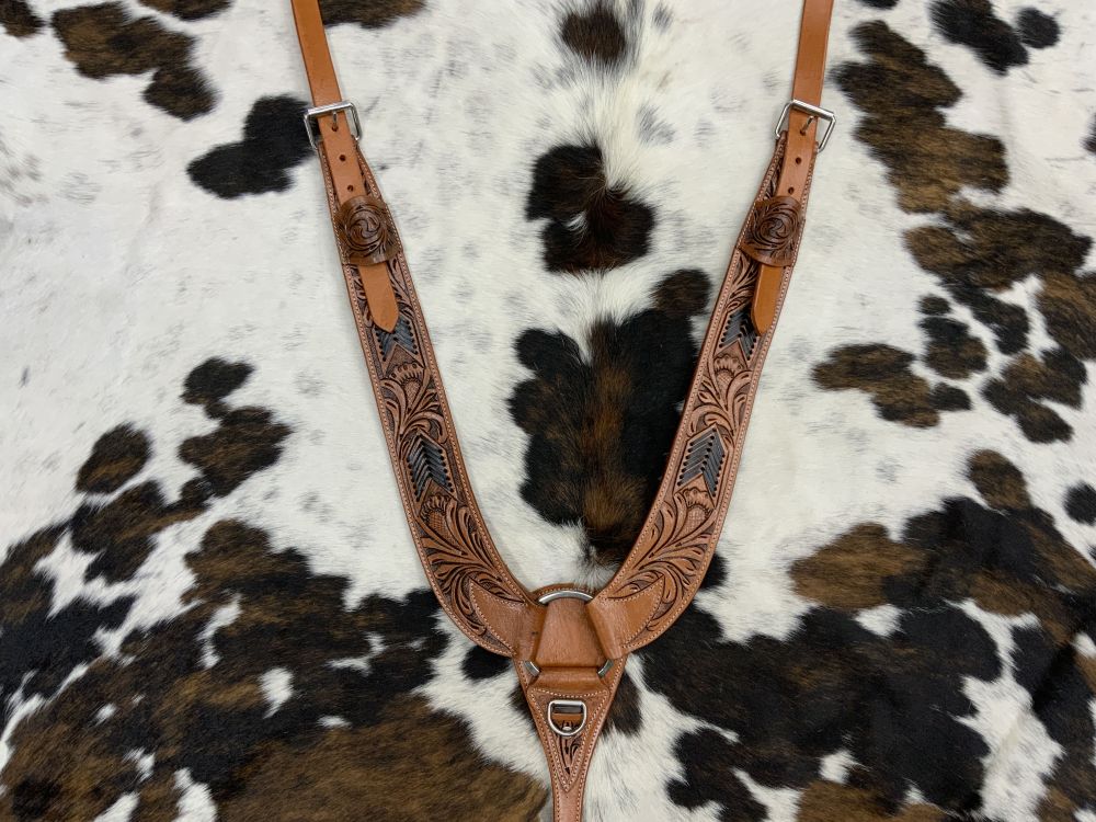 Showman Floral Tooled Medium Leather Pulling Collar with Black Rawhide Lacing