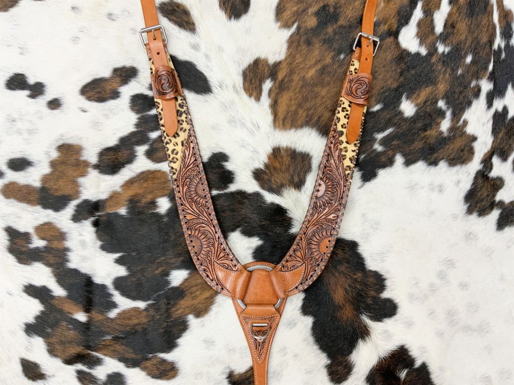 Showman Leather Sunflower Tooled/Cheetah Hair on Cowhide Pulling Breast Collar