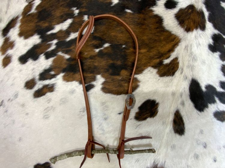 Showman Argentina Cow Leather One Ear Headstall with Silver and Gold Overlayed Buckle - Devil and Angel