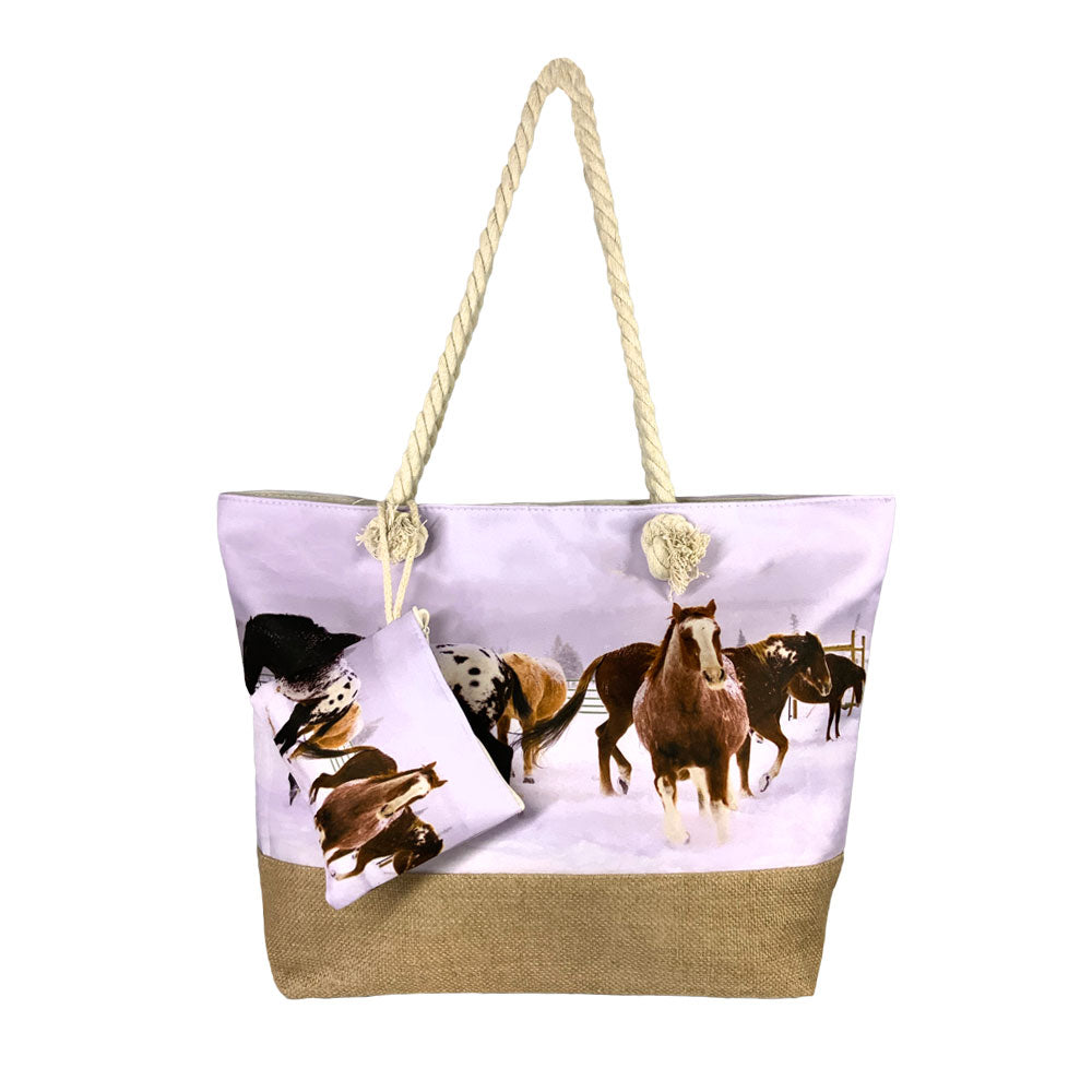 Snowy Steeds Medium Burlap Bottom Weekender Tote