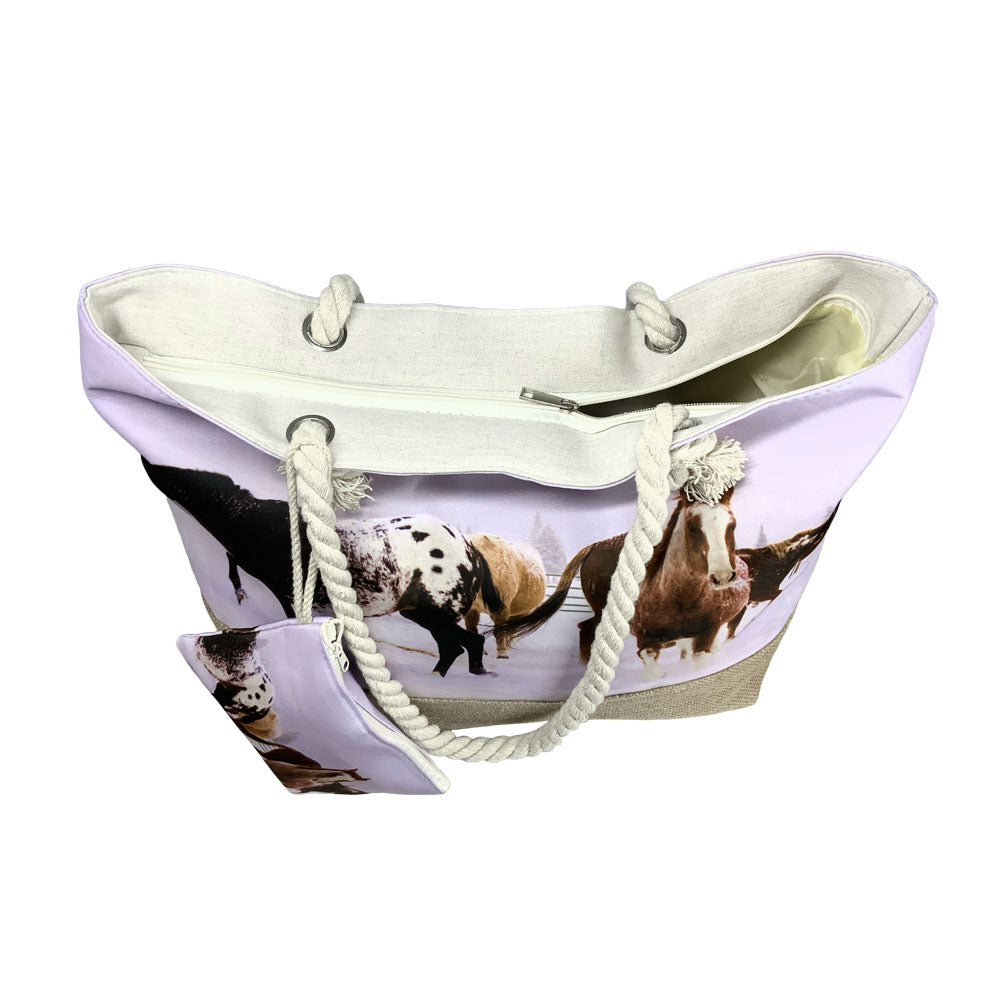 Snowy Steeds Medium Burlap Bottom Weekender Tote