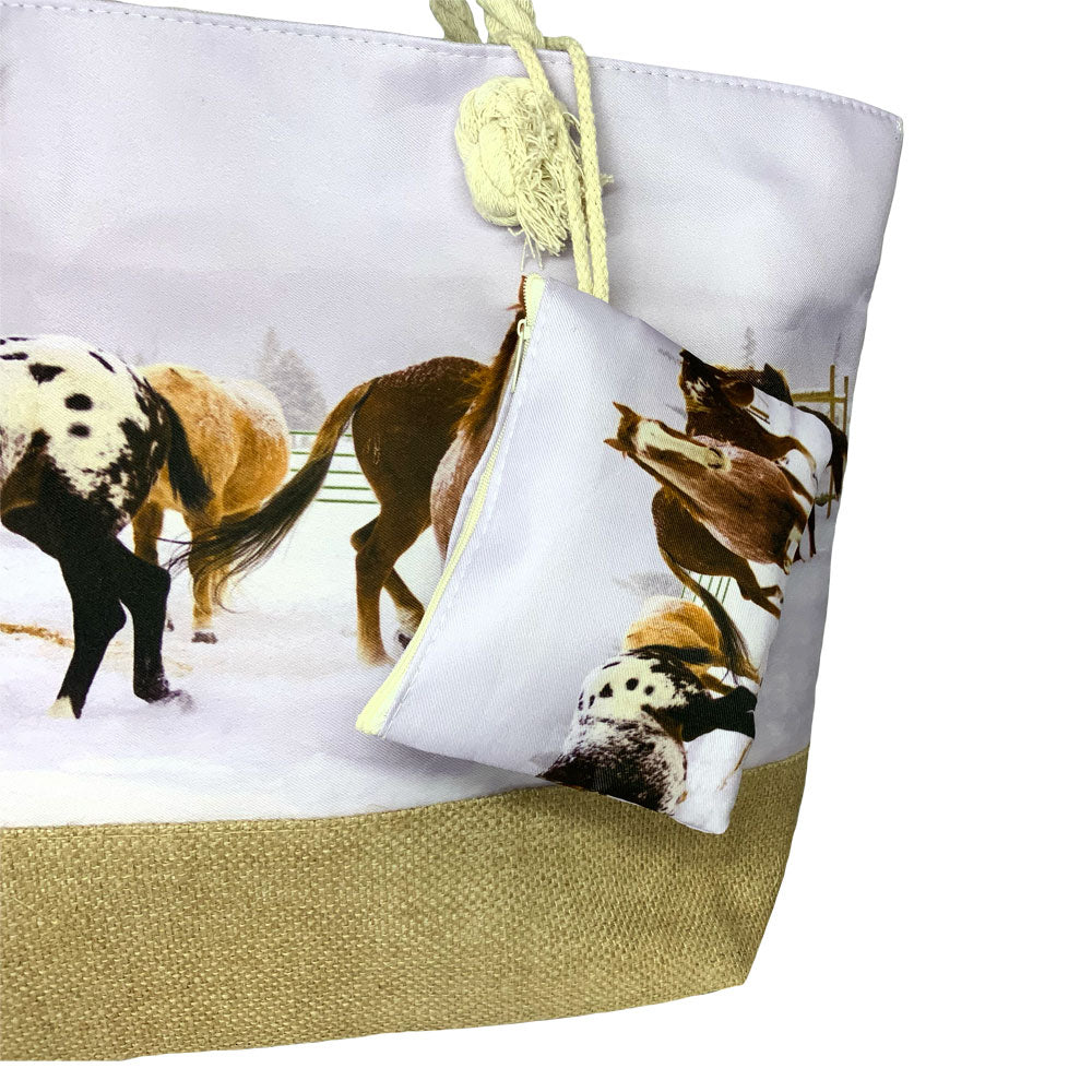 Snowy Steeds Medium Burlap Bottom Weekender Tote