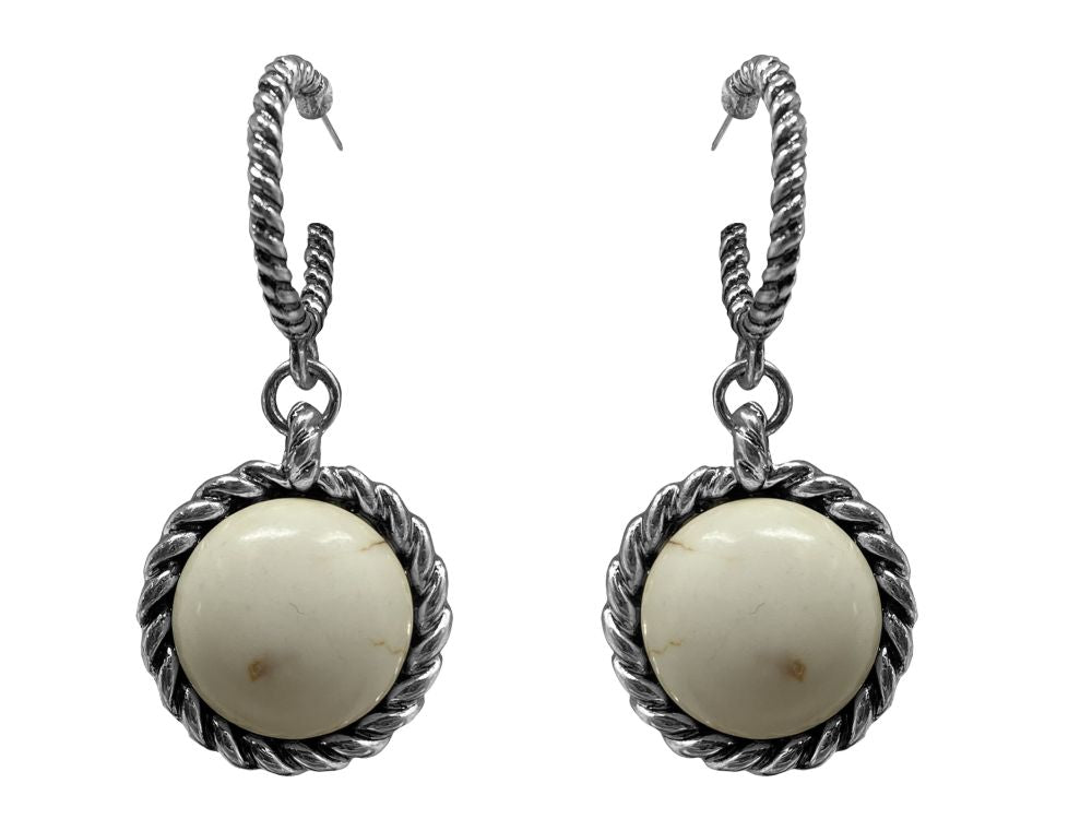 Western Style Silver Hoop Semi-precious Stone Drop Post Earrings