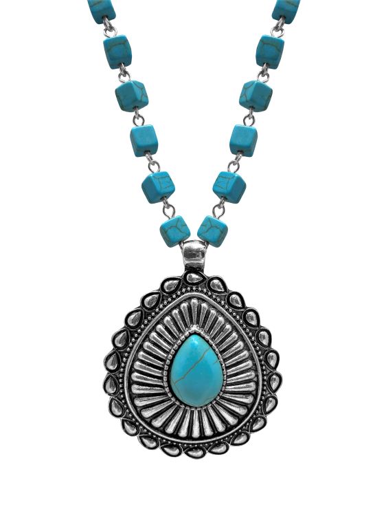 Western Concho Pendant Cube Beaded Necklace and Earrings Set