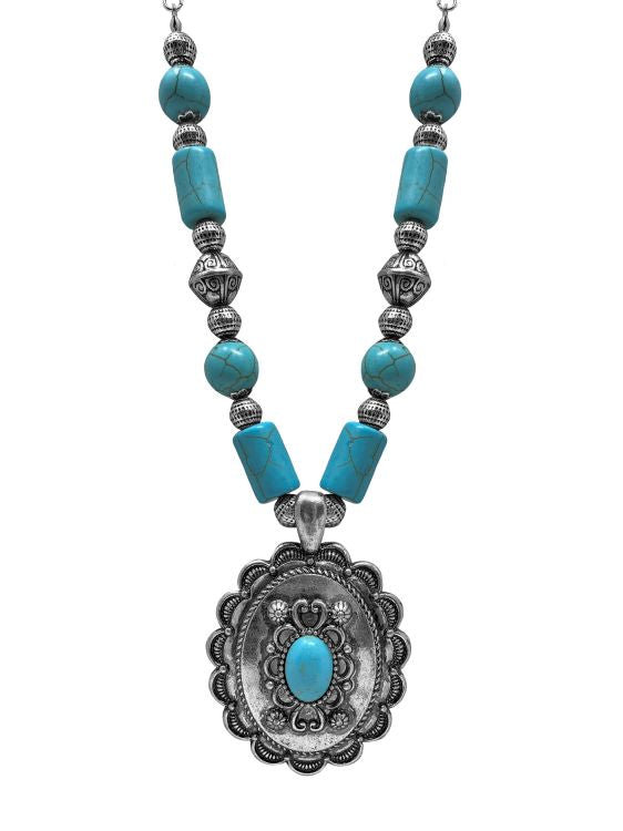 Western Statement Silver Tone Turquoise Stone Necklace and Earrings Set