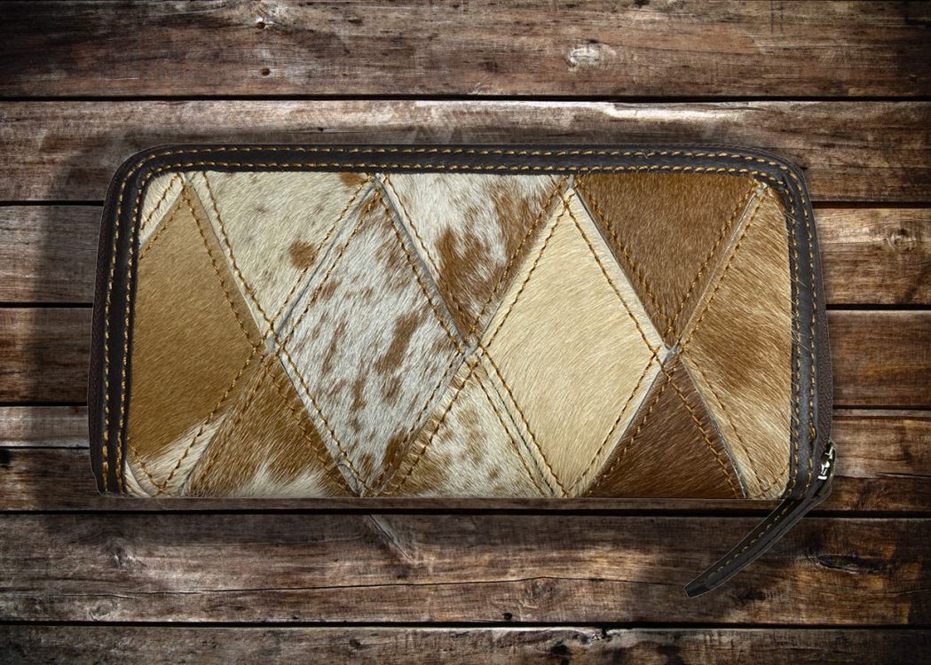 Showman Tri Color Diamond Hair on Cowhide Leather Shoulder Bag and Wallet Set