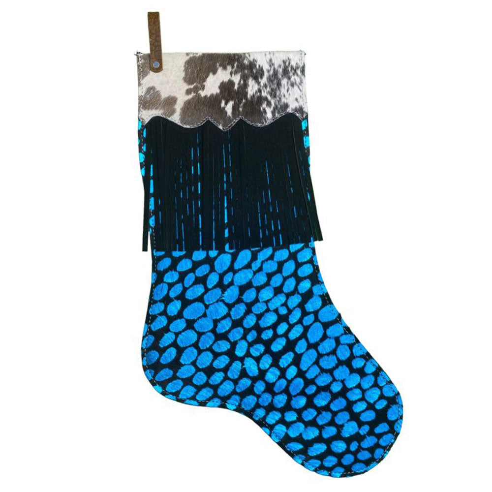 Showman Fringe Cowhide Christmas Stocking - Blue Spots