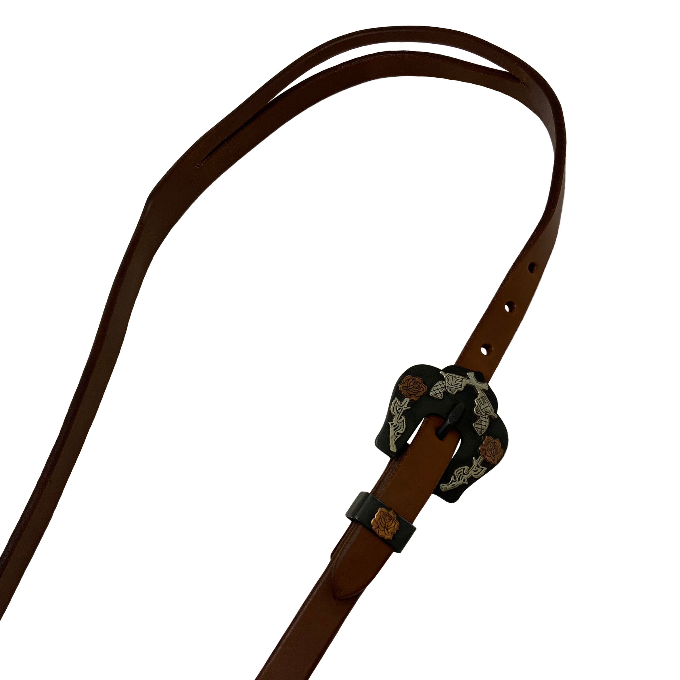 Showman Oiled Harness Split Ear Headstall With Guns and Roses Buckle