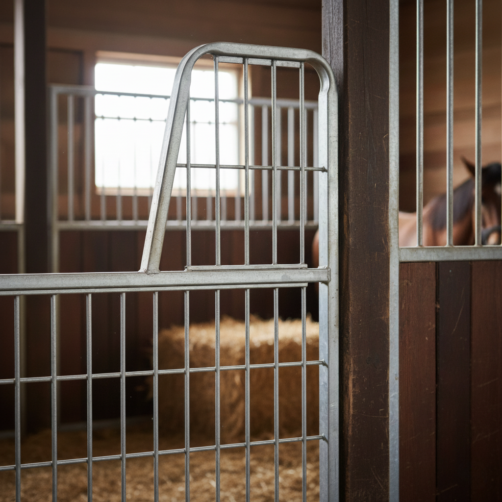 Close up view of a silver metal horse stall gate in a horse barn