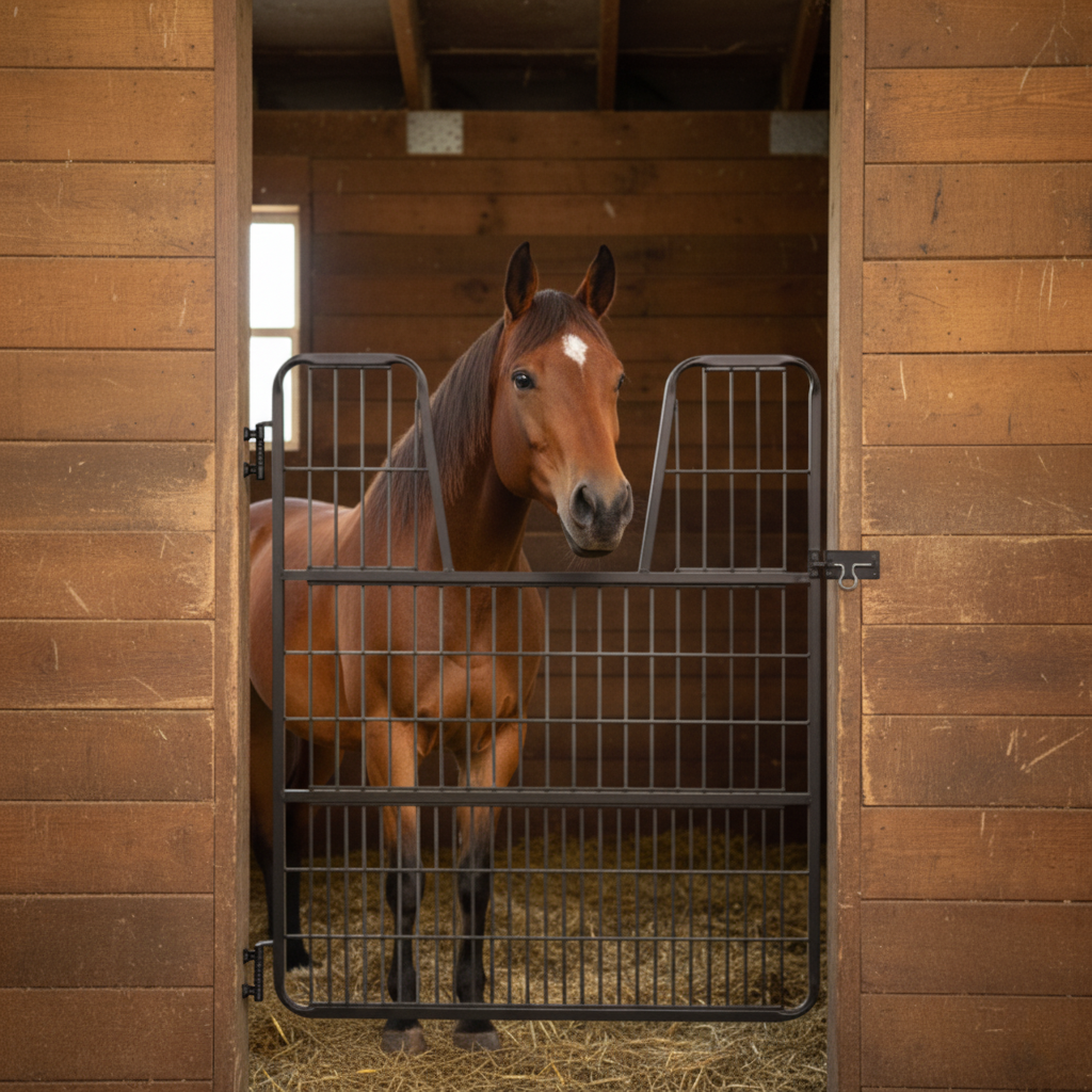 Black metal horse stall gate in horse barn with brown horse