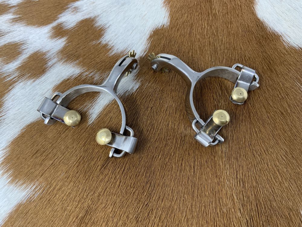 Showman Toddler Size Stainless Steel Western Spurs with Brass Rowel and Buttons