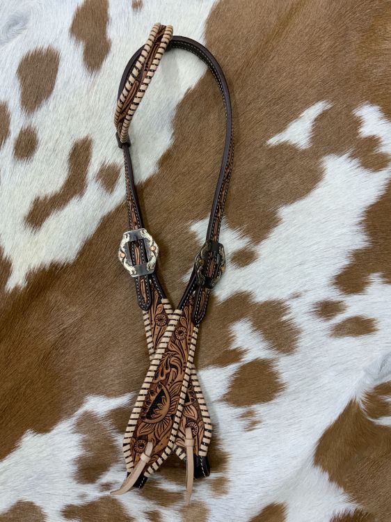 Showman Two Tone Argentina Cow Leather One Ear Headstall with Floral Tooled Inlays
