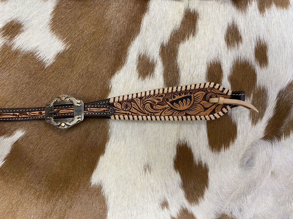 Showman Two Tone Argentina Cow Leather One Ear Headstall with Floral Tooled Inlays