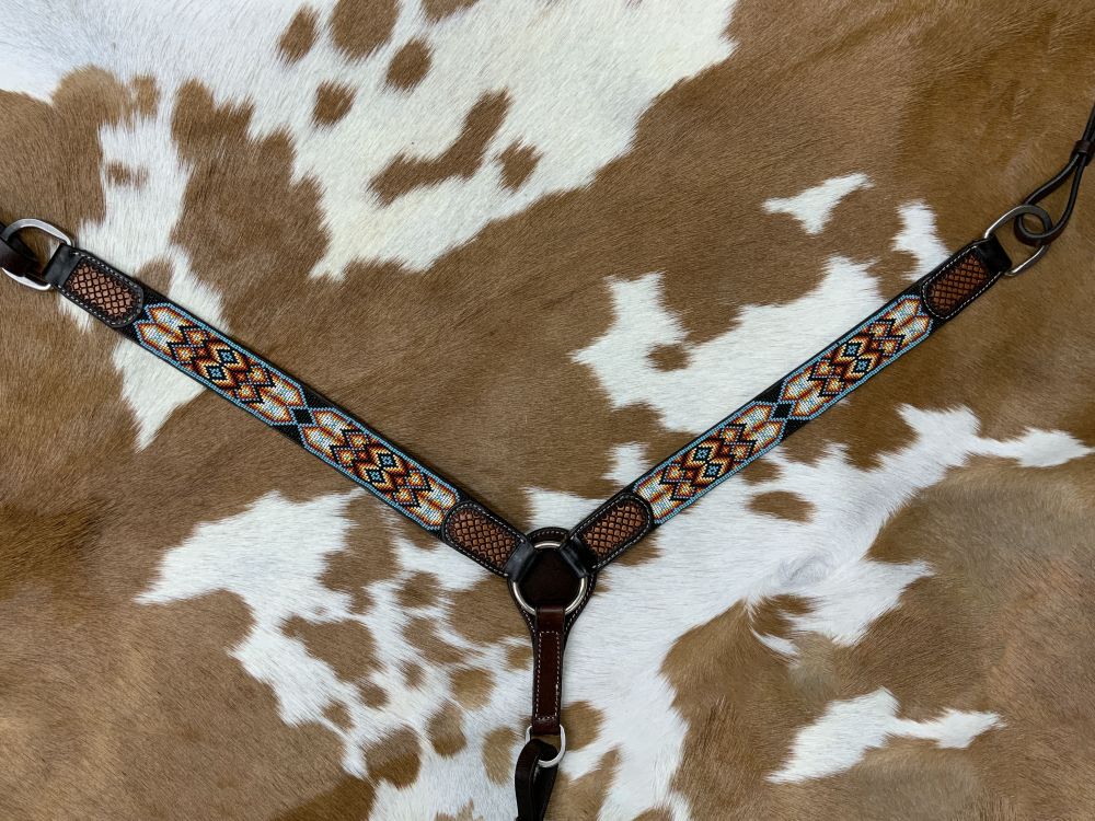 Showman Dark Brown Argentina Cow Leather Breast Collar with Aztec Beaded Inlays