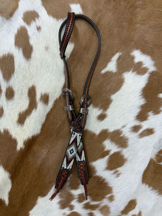 Showman Two Tone Argentina Cow Leather One Ear Headstall with Southwest Beaded Inlays