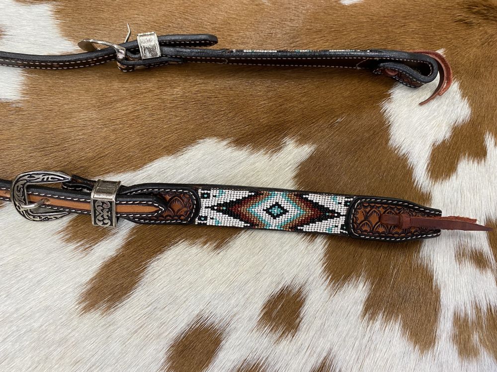 Showman Two Tone Argentina Cow Leather One Ear Headstall with Southwest Beaded Inlays
