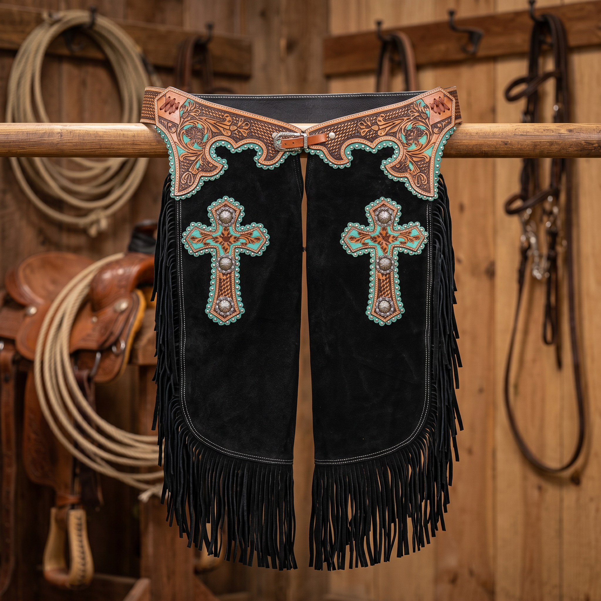 Showman Black Suede Chinks with Cross Design shown hanging on a western tack room rack