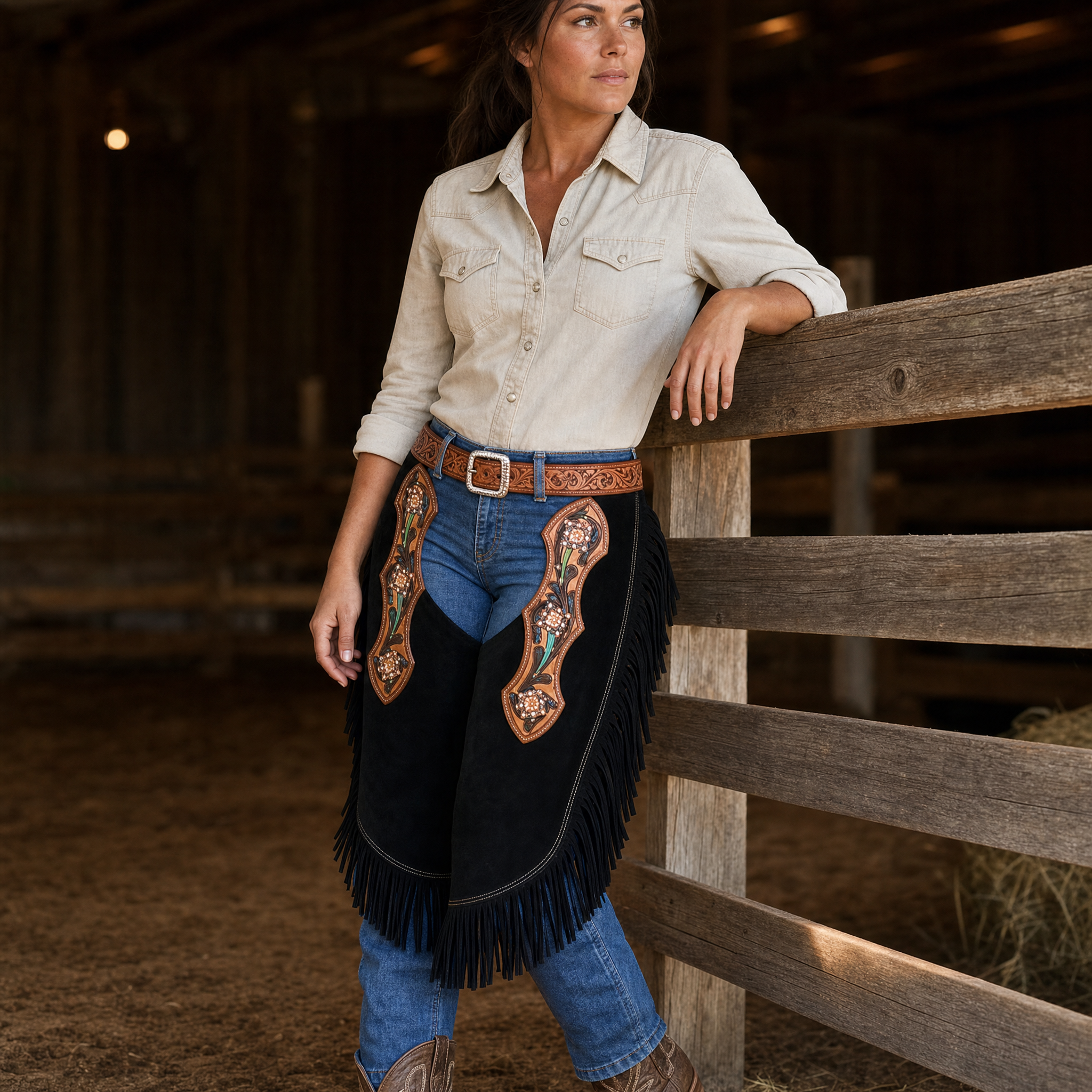 Showman Black Suede Chinks with Painted Tooling lifestyle image showing western rider wearing leather chinks