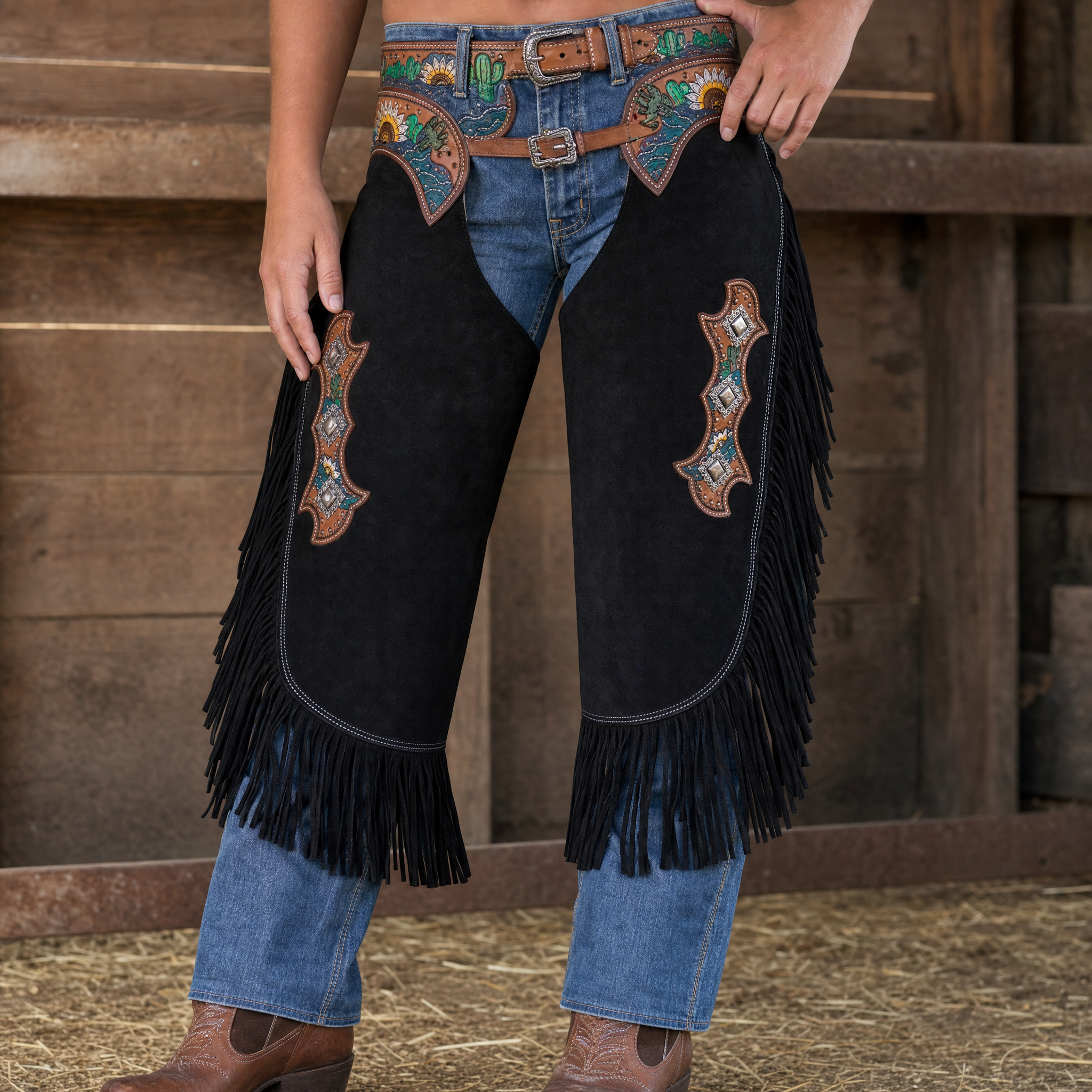 Showman Black Suede Chinks with Sunflower and Cactus Tooling lifestyle image showing western rider wearing leather chinks