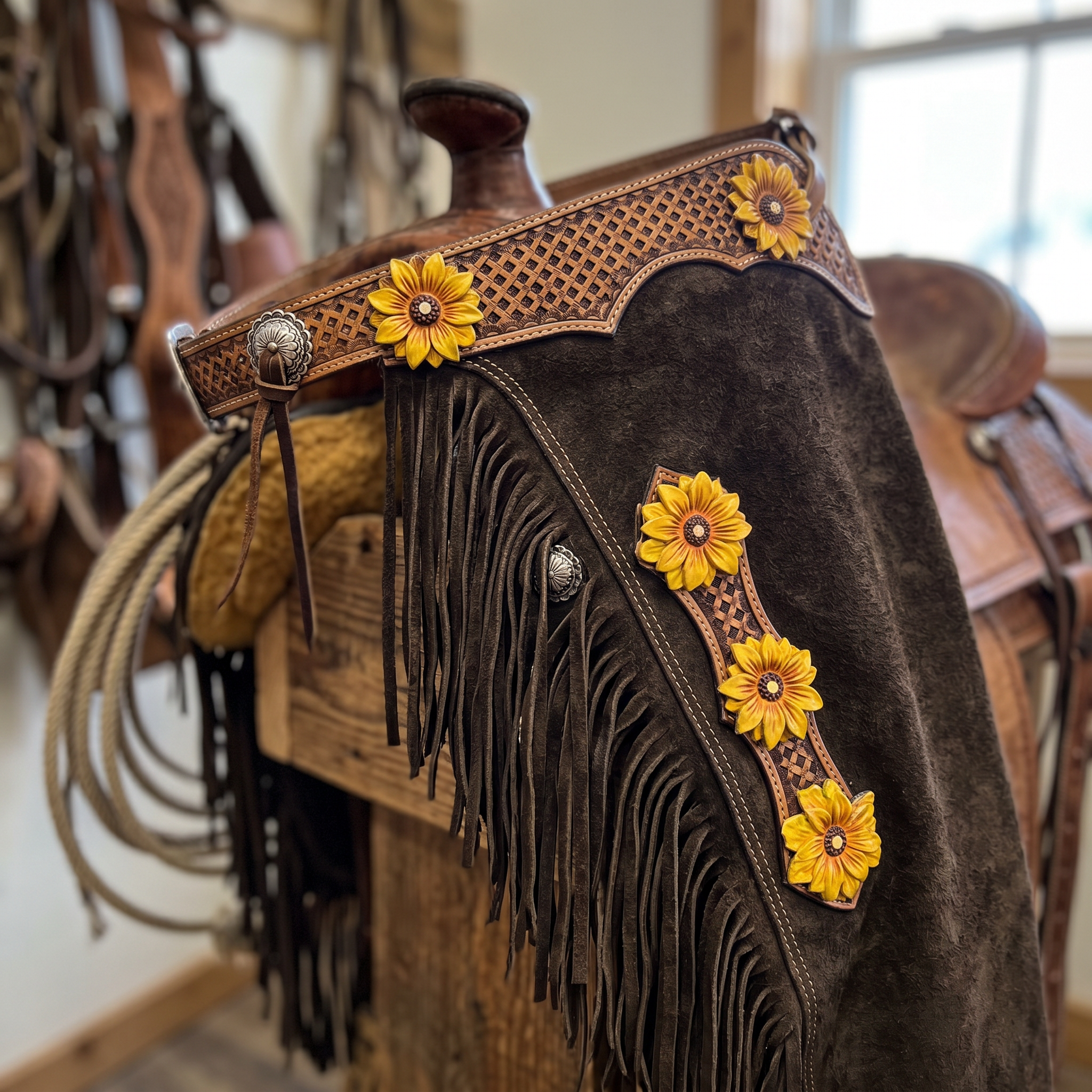 Showman Brown Suede Chinks with 3D Sunflower Tooling close-up detail showing tooling fringe and hardware