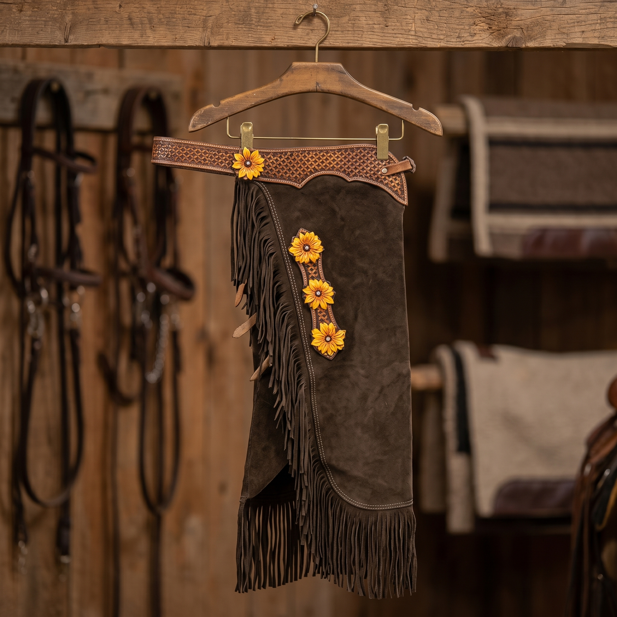 Showman Brown Suede Chinks with 3D Sunflower Tooling shown hanging on a western tack room rack