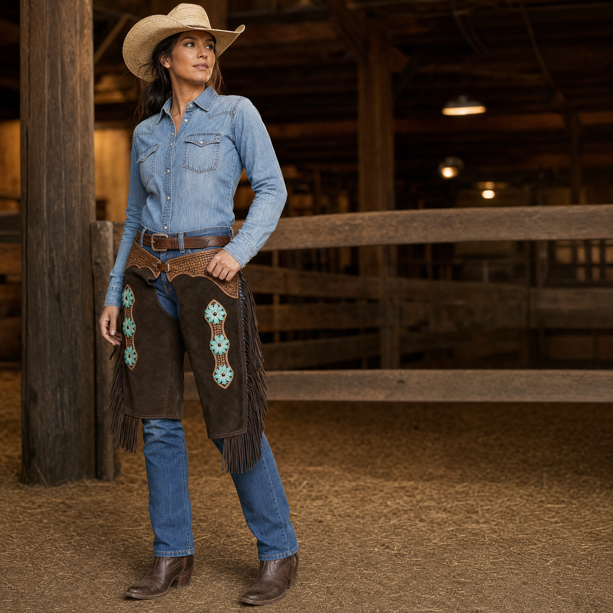 Showman Brown Suede Chinks with 3D Teal Flower Tooling lifestyle image showing western rider wearing leather chinks