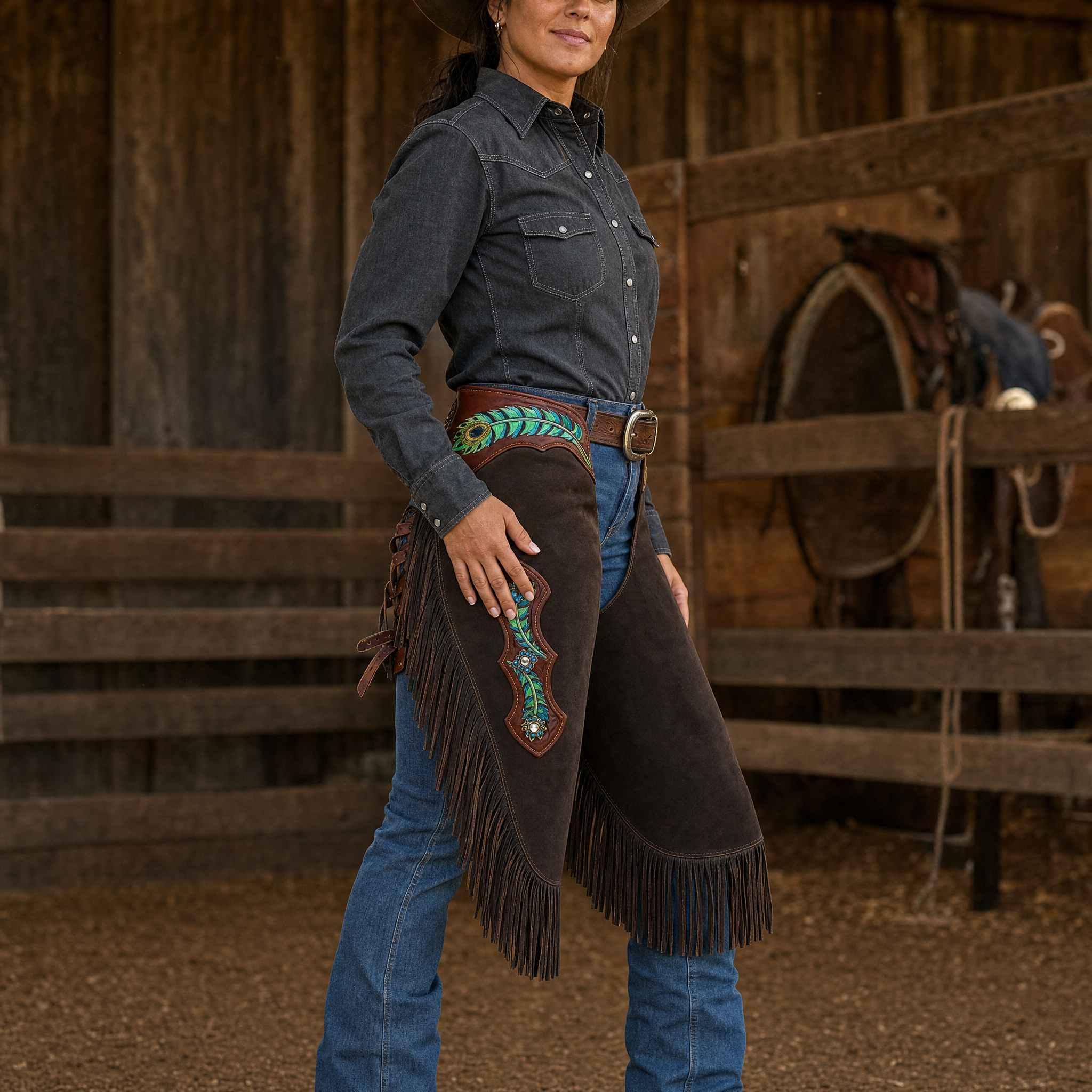 Showman Brown Suede Chinks with Peacock Feather Tooling lifestyle image showing western rider wearing leather chinks