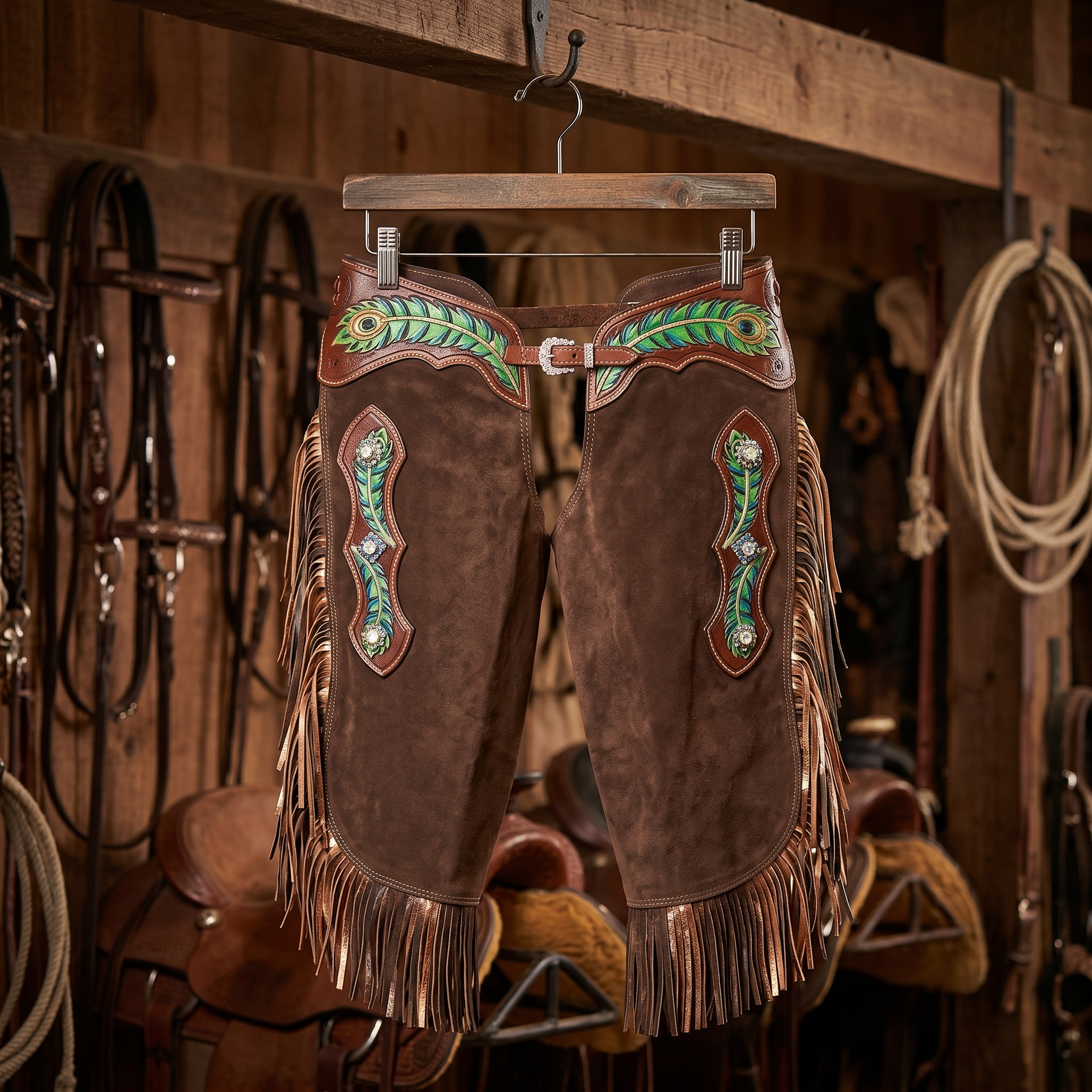 Showman Brown Suede Chinks with Peacock Feather Tooling shown hanging on a western tack room rack