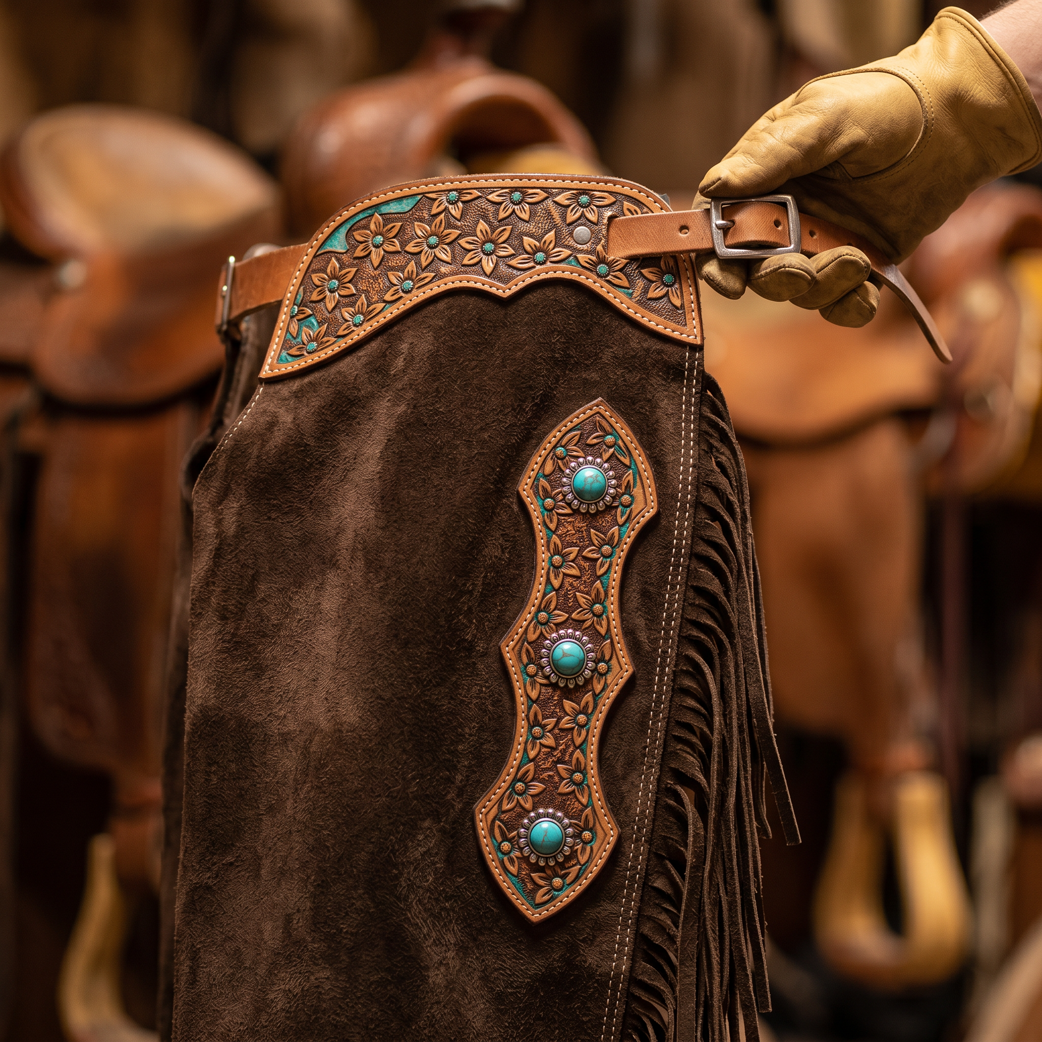 Showman Brown Suede Leather Chinks with Micro Floral Tooling Design close-up detail photo for western leather chinks product page
