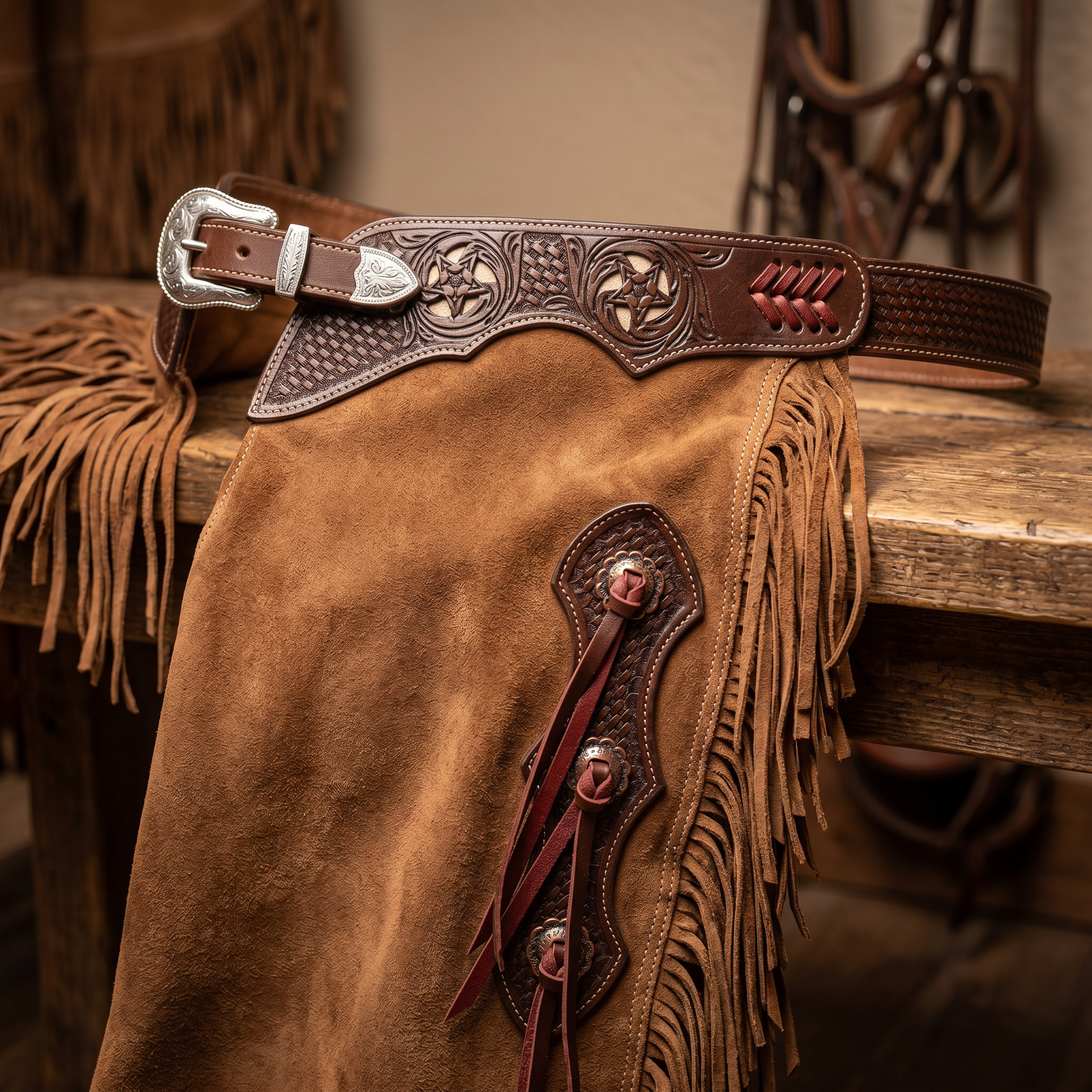 Showman Cedarwood Chinks close-up detail photo for western leather chinks product page