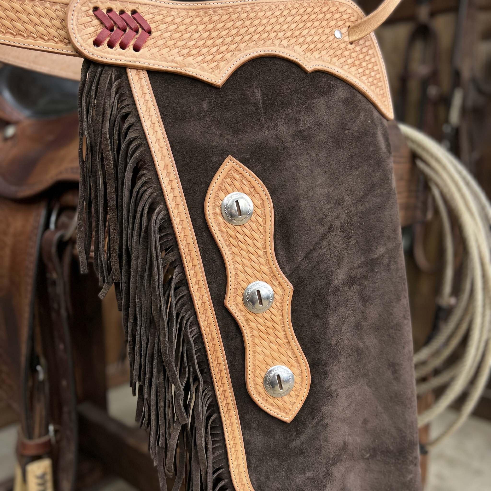 Showman Chocolate Suede Chinks with Argentina Basket Tooling close-up detail showing tooling fringe and hardware