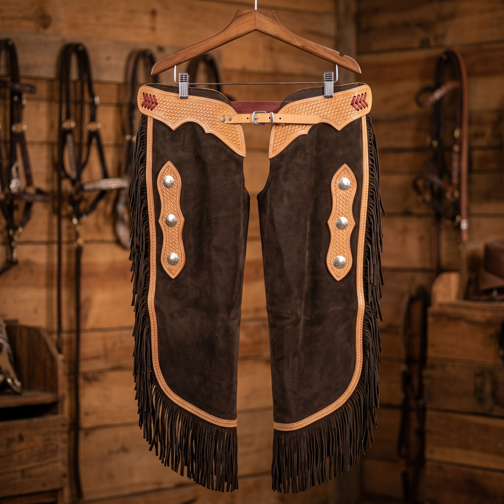 Showman Chocolate Suede Chinks with Argentina Basket Tooling shown hanging on a western tack room rack