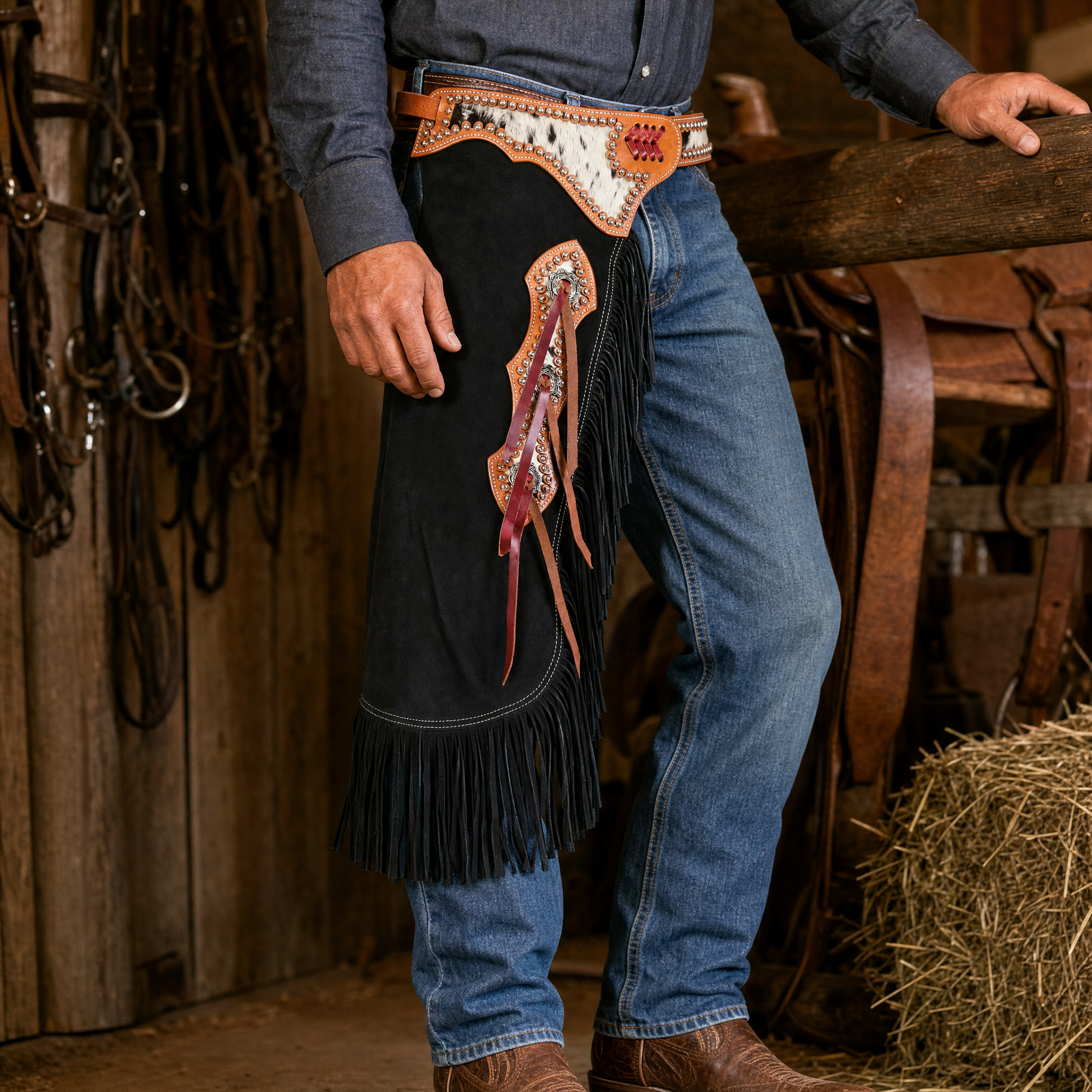 Showman Cowpuncher Black Chinks lifestyle image showing western rider wearing leather chinks
