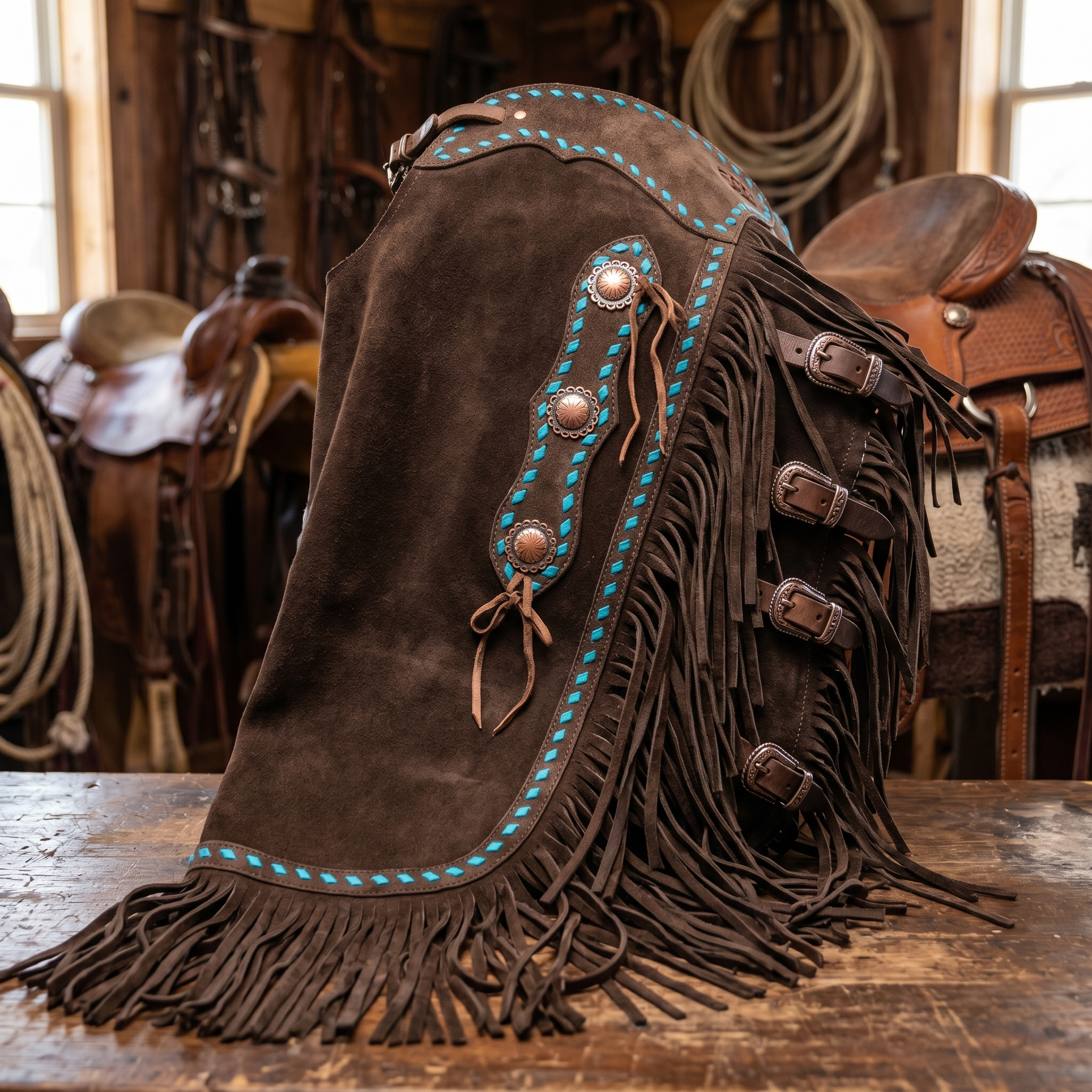 Showman Dark Brown Suede Chinks with Turquoise Buckstitch close-up detail showing tooling fringe and hardware