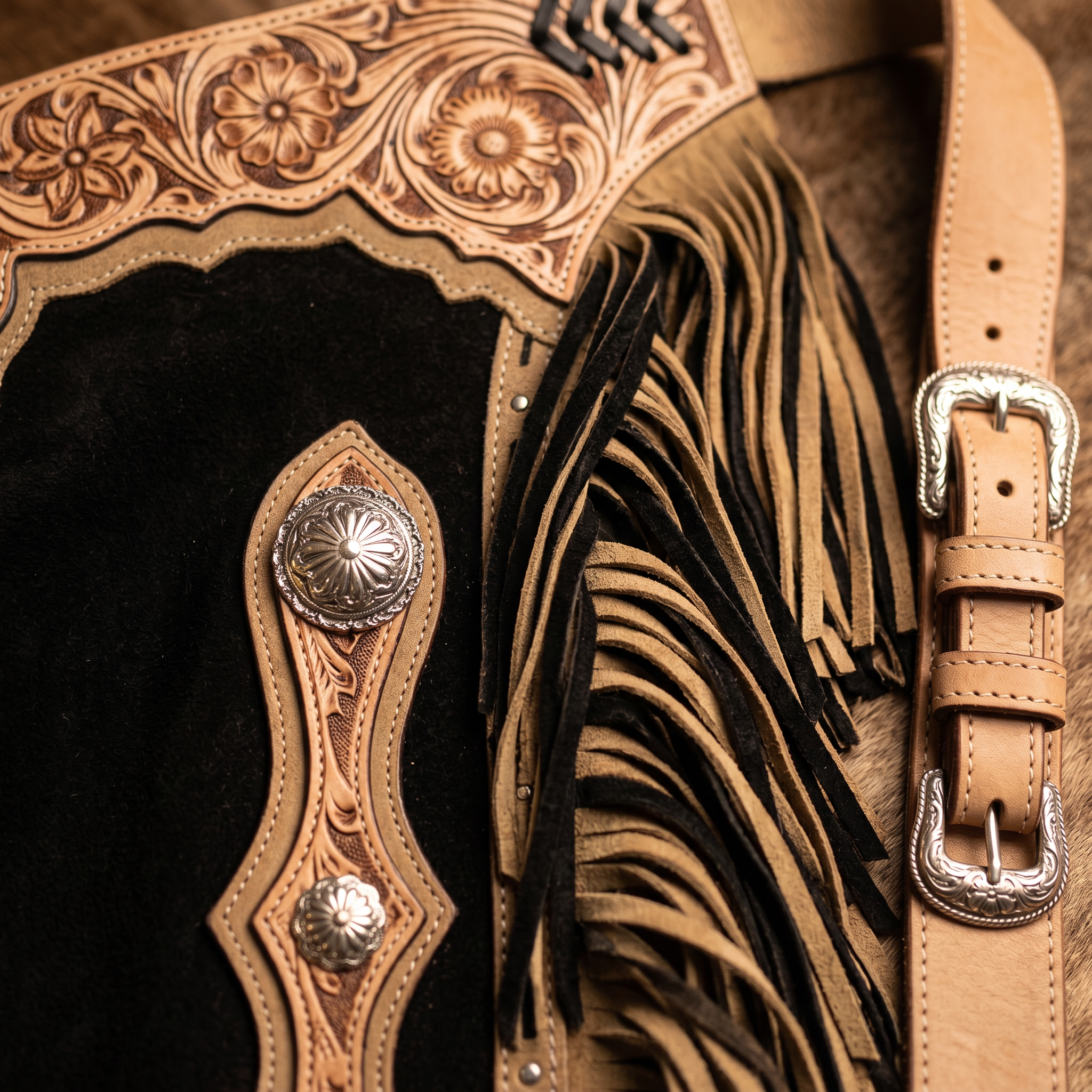 Showman Desert Noir Chinks close-up detail photo for western leather chinks product page