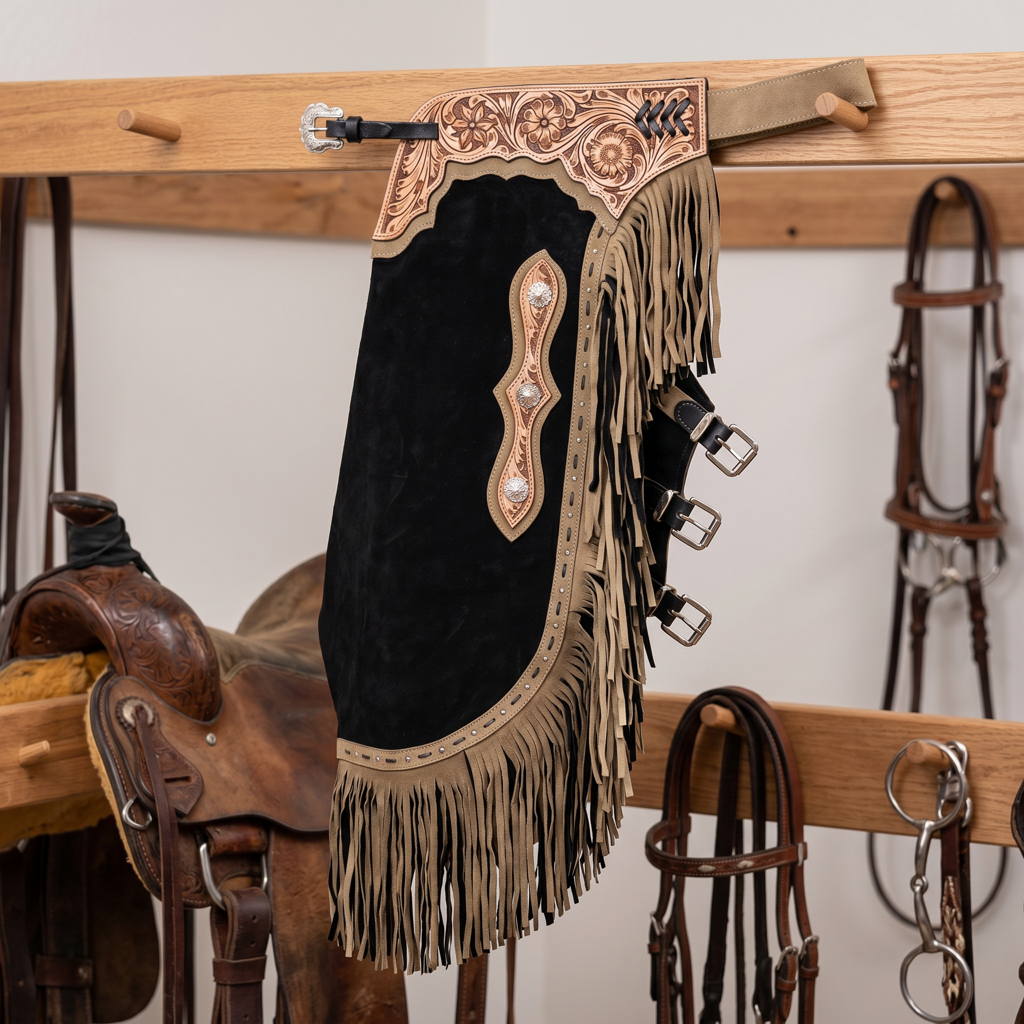 Showman Desert Noir Chinks tack-room product photo for western leather chinks product page