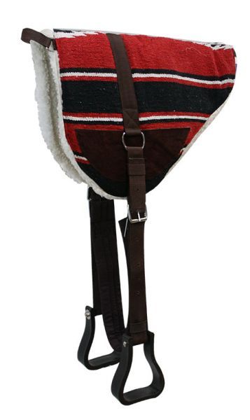 Side view of the saddle pad highlighting its convenient girth and stirrups.