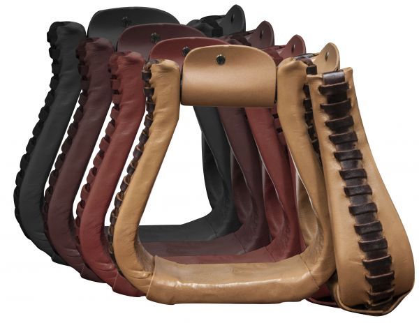 Showman leather covered western stirrups showcasing rich brown leather texture and craftsmanship.