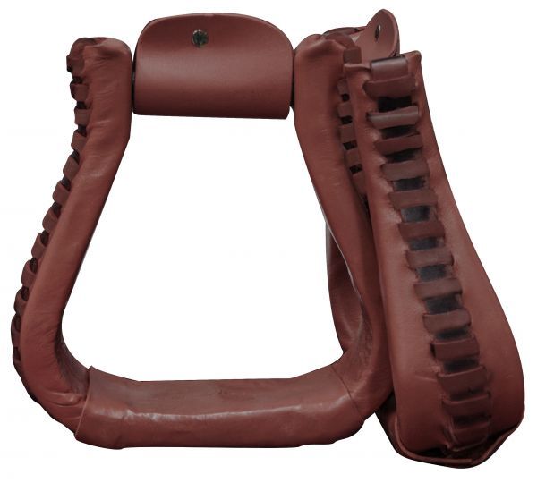 Side angle of the western stirrups demonstrating their sturdy construction and design.