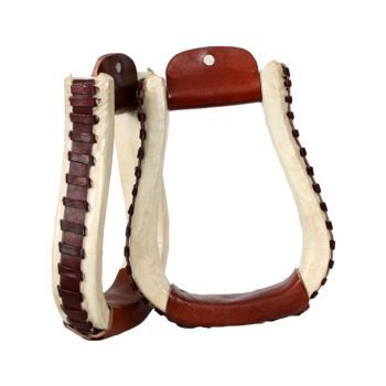 View of the stirrups against a rustic wooden backdrop, enhancing their western appeal.