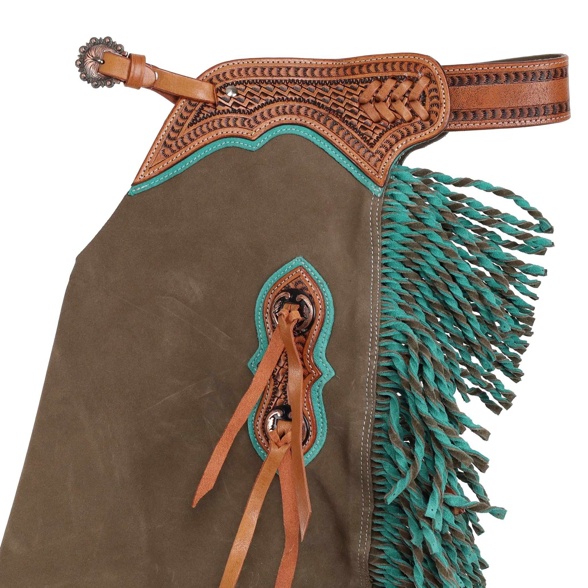 Close-up of Showman Youth Slate River Chinks leather, fringe, and trim details